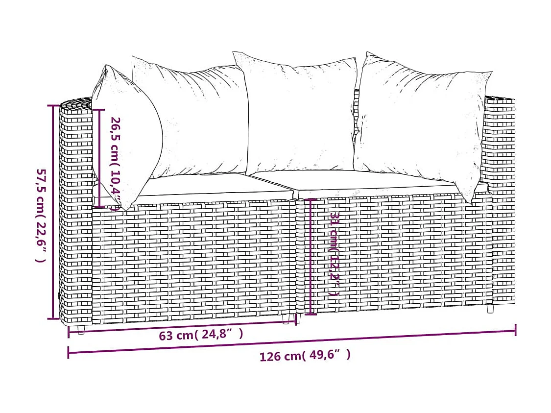 Garten-Ecksofas und Kissen, 2 Stück, schwarzes Kunstharzgeflecht
