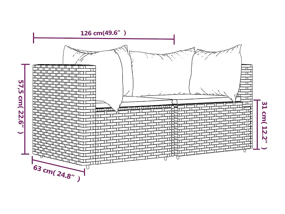 Garten-Ecksofas und Kissen, 2 Stück, schwarzes Kunstharzgeflecht