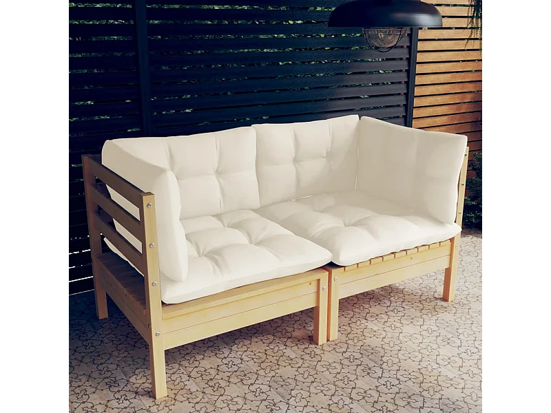Divano da giardino a 2 posti e cuscini color crema. Legno di pino massiccio