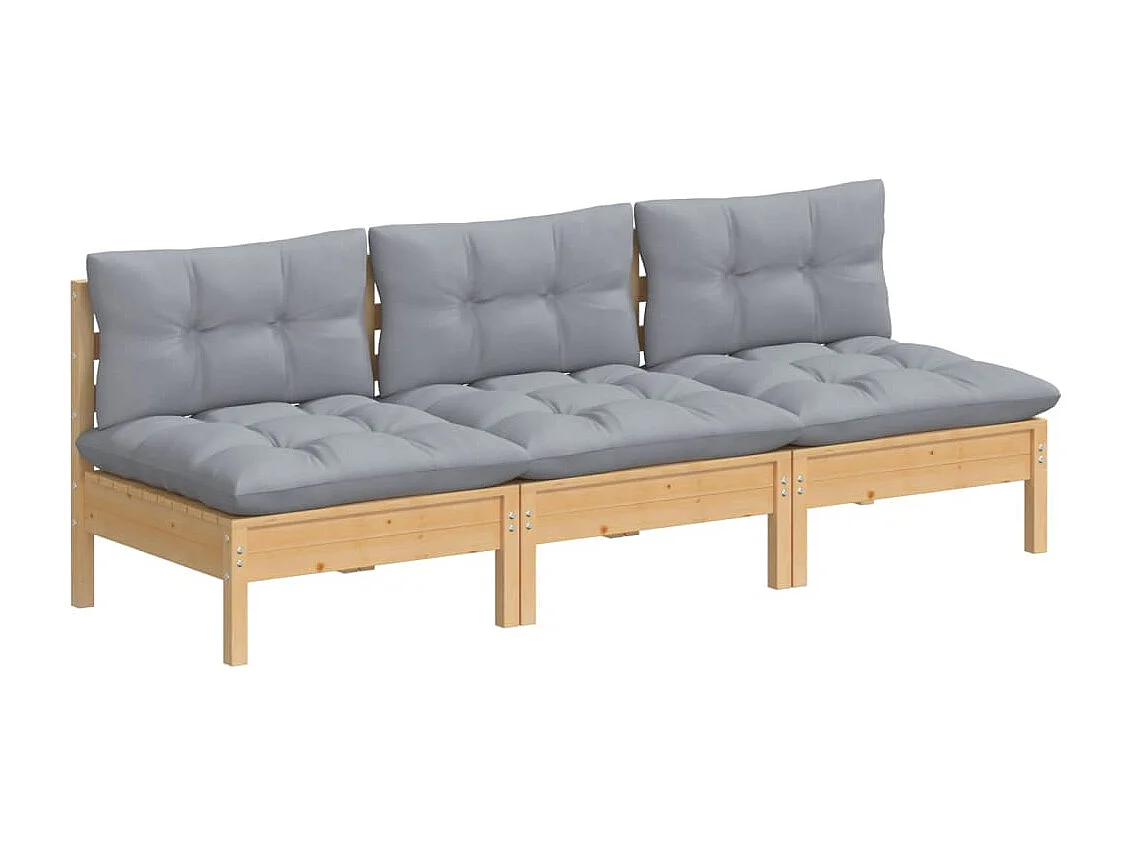 Divano da giardino a 3 posti e cuscini grigi. Legno di pino massiccio