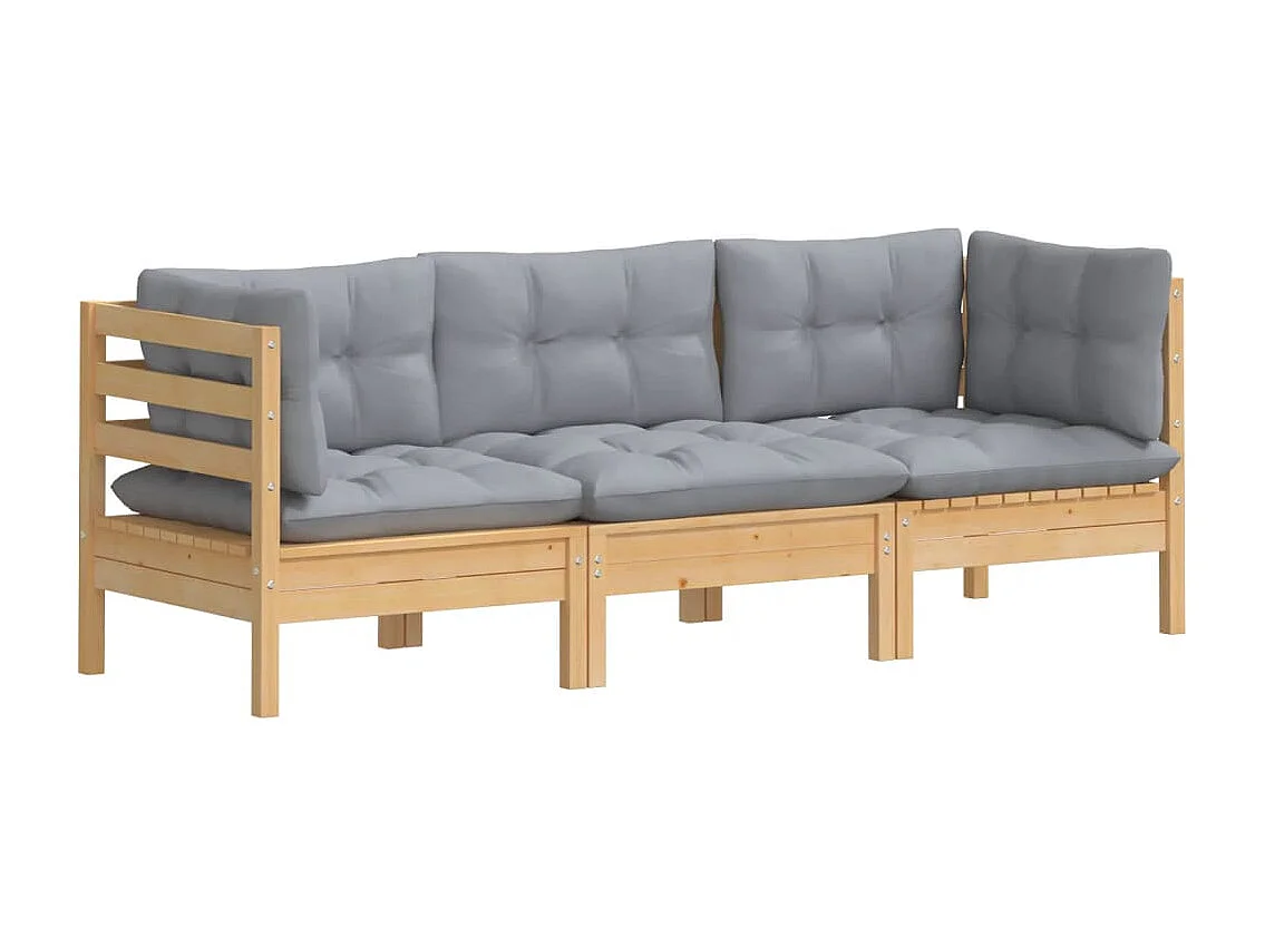 Divano da giardino a 3 posti e cuscini grigi. Legno di pino massiccio