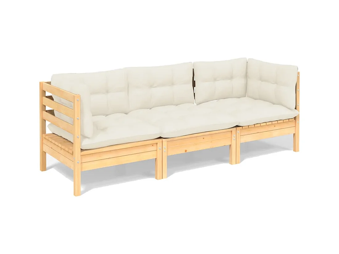 Divano da giardino a 3 posti e cuscini color crema. Legno di pino massiccio