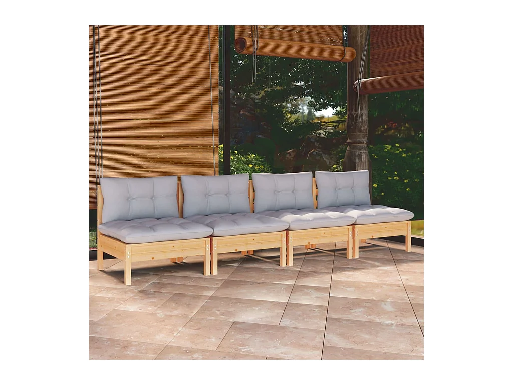 Divano da giardino a 4 posti e cuscini grigi. Legno di pino massiccio