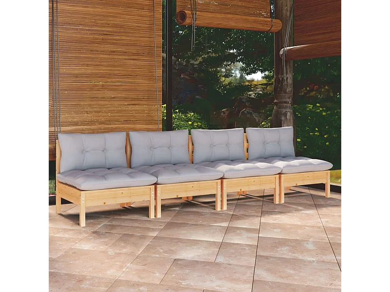 Divano da giardino a 4 posti e cuscini grigi. Legno di pino massiccio