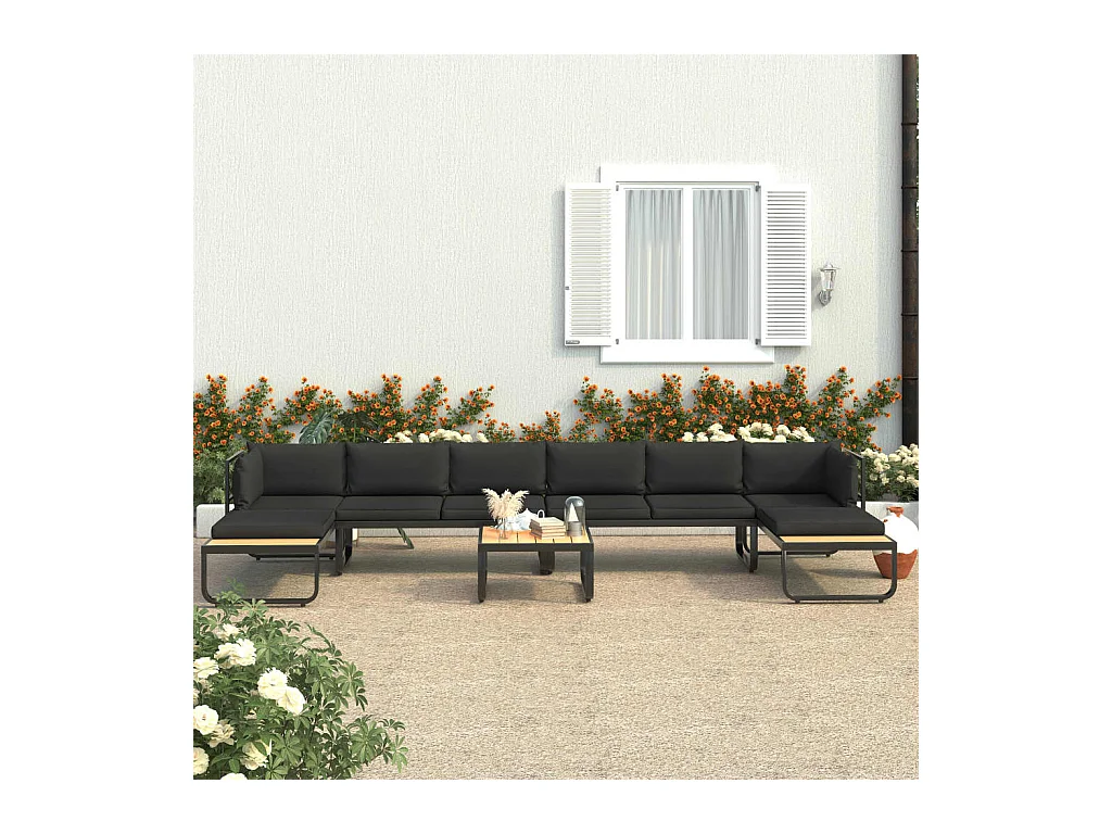 Divano angolare da giardino 5 posti con cuscini Alluminio WPC