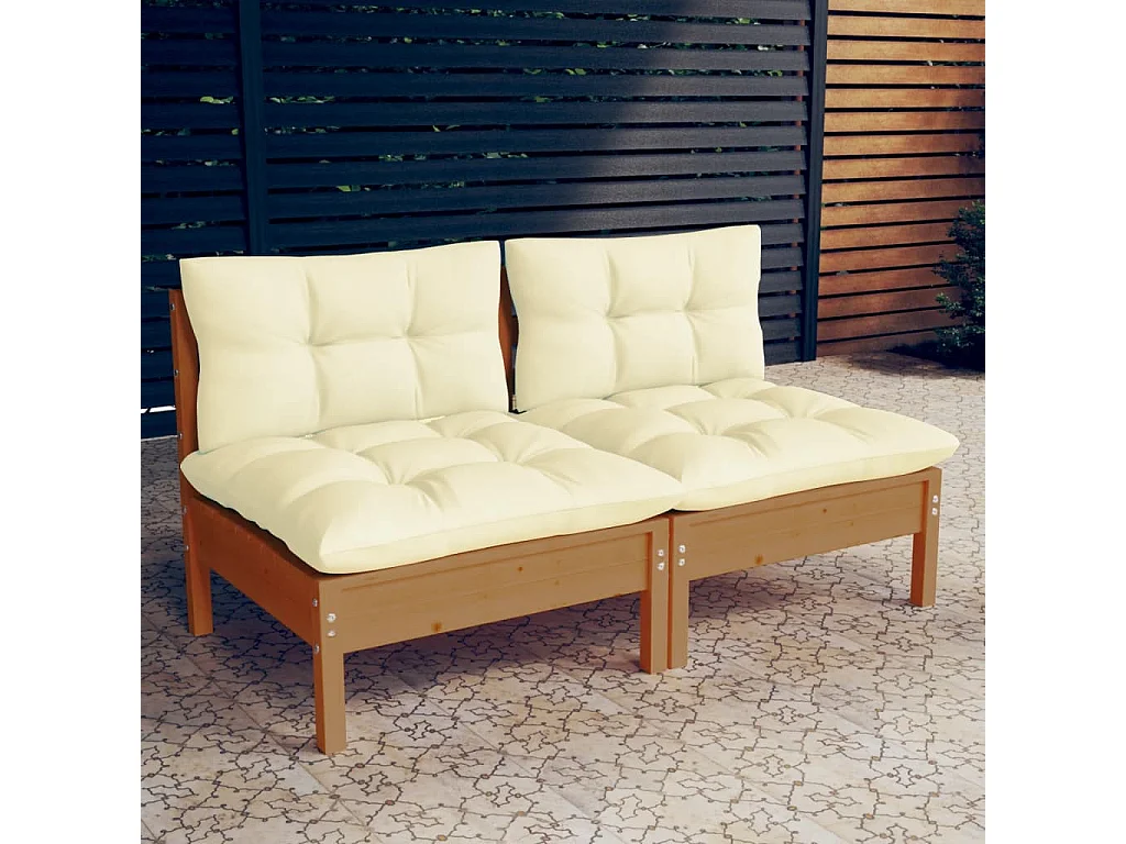 Divano da giardino a 2 posti e cuscini color crema. Legno di pino massiccio