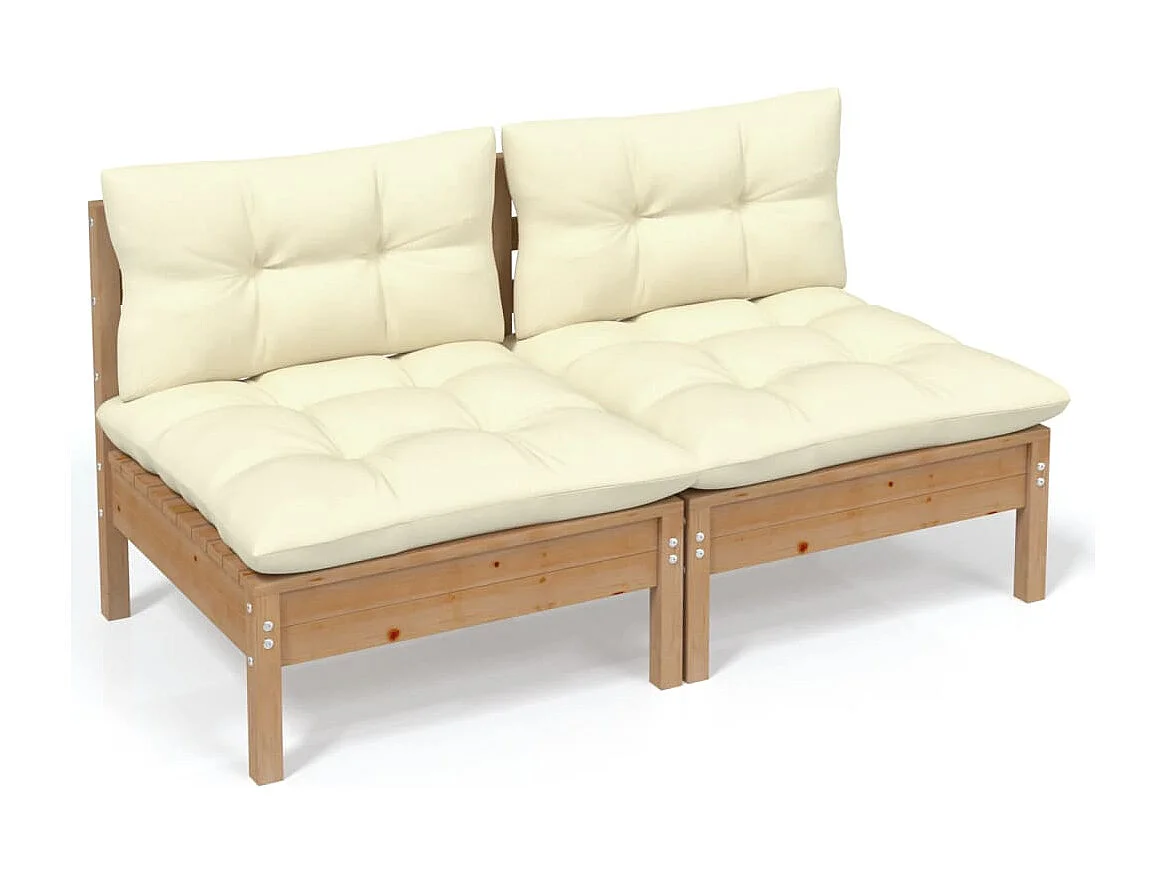 Divano da giardino a 2 posti e cuscini color crema. Legno di pino massiccio