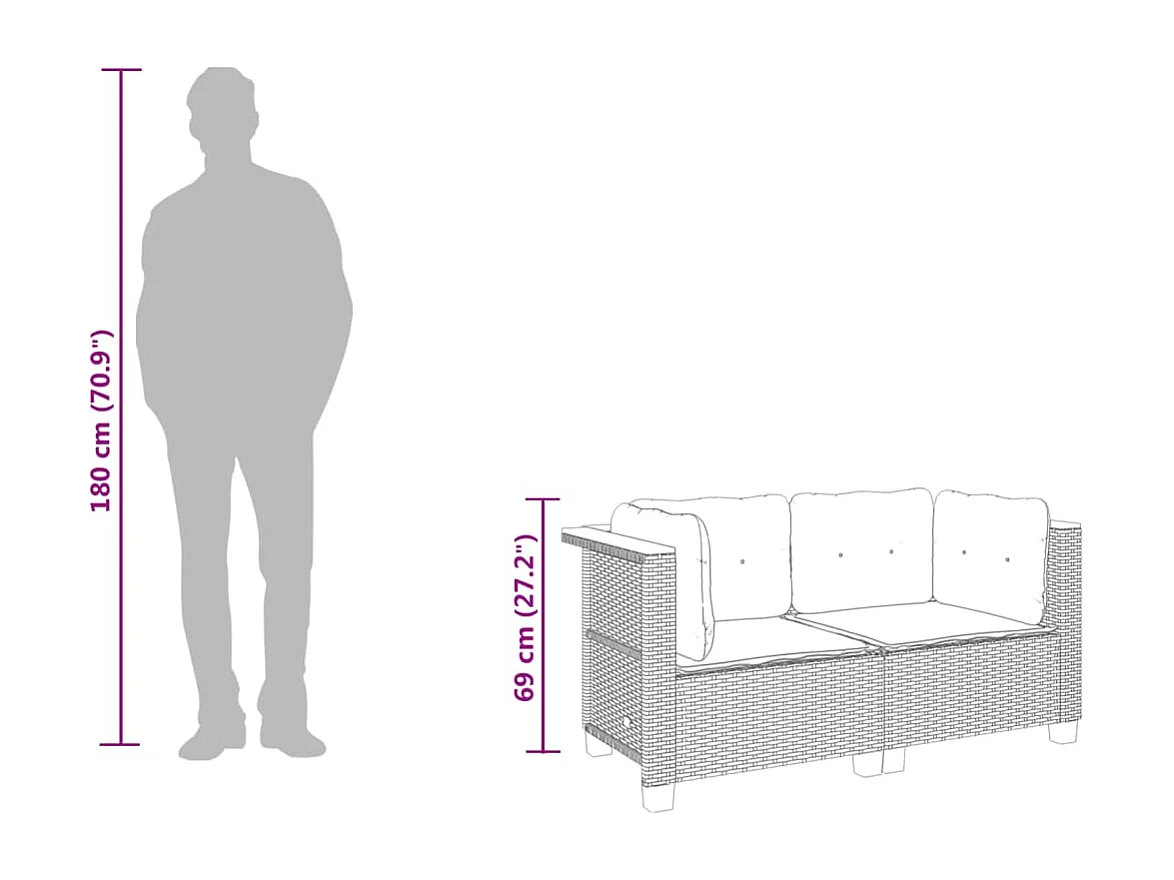 Garten-Ecksofas und Kissen, 2 Stück, graues Kunstharzgeflecht