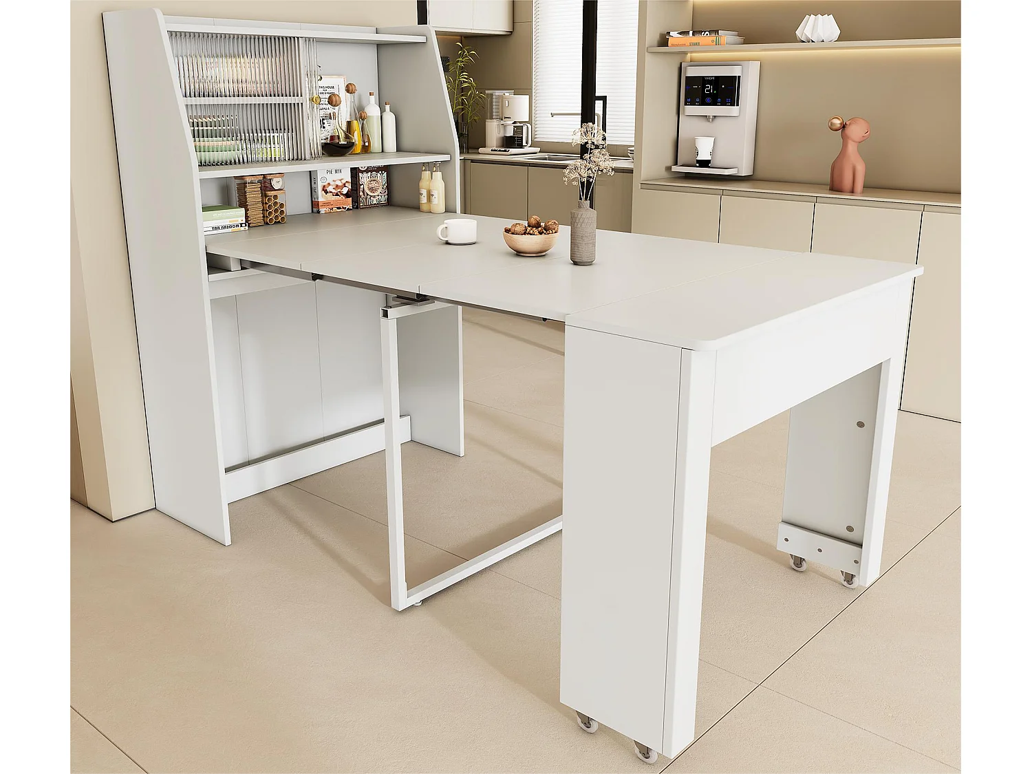 Buffet、Meuble de bar escamotable - avec compartiments au-dessus - style moderne - Blanc
