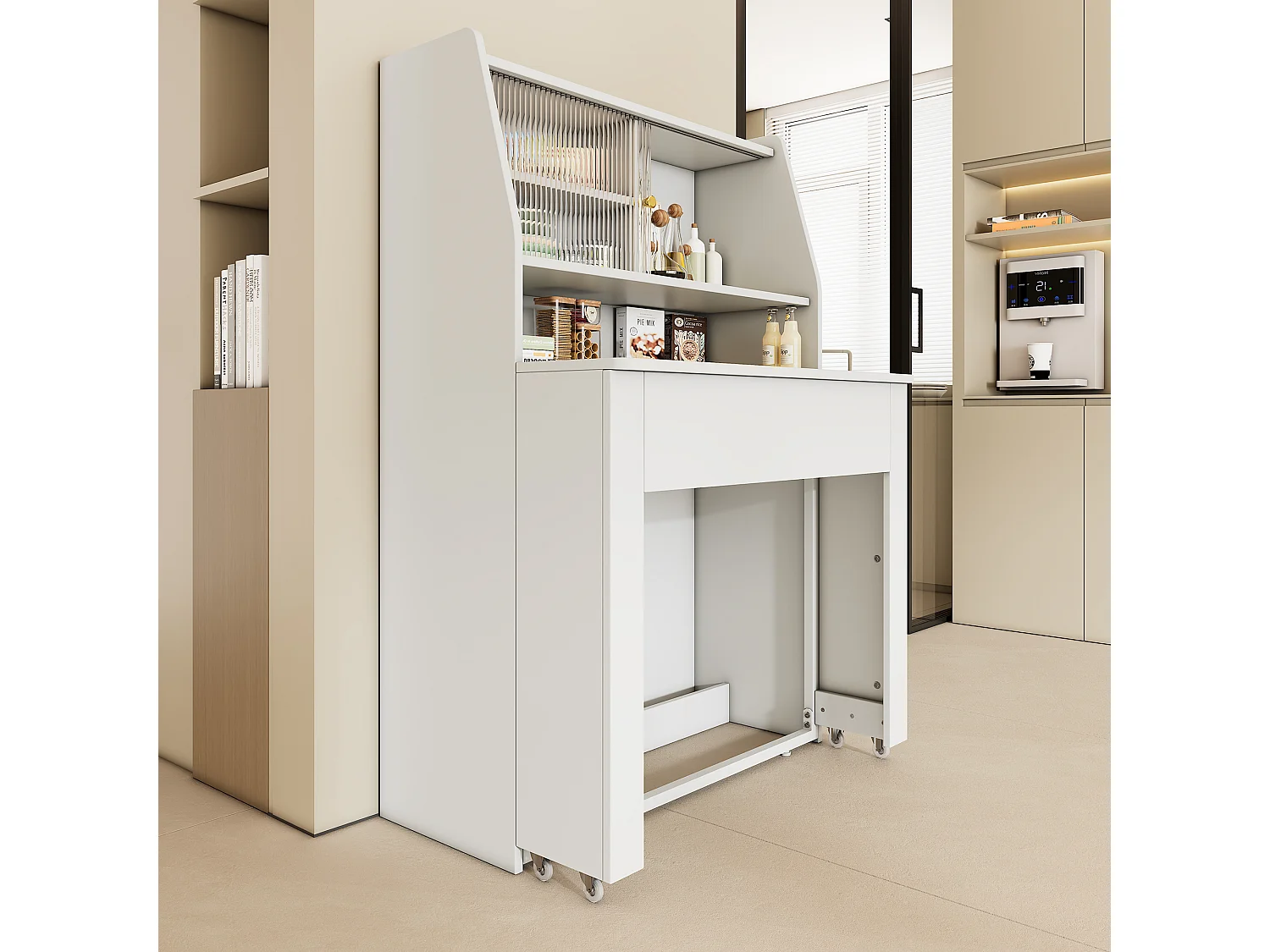Buffet、Meuble de bar escamotable - avec compartiments au-dessus - style moderne - Blanc