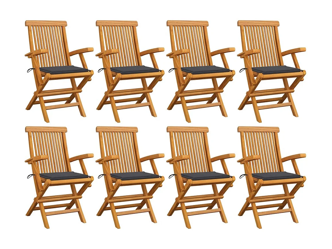 Gartenstühle mit anthrazitfarbenen Kissen, 8er-Set, massives Teakholz