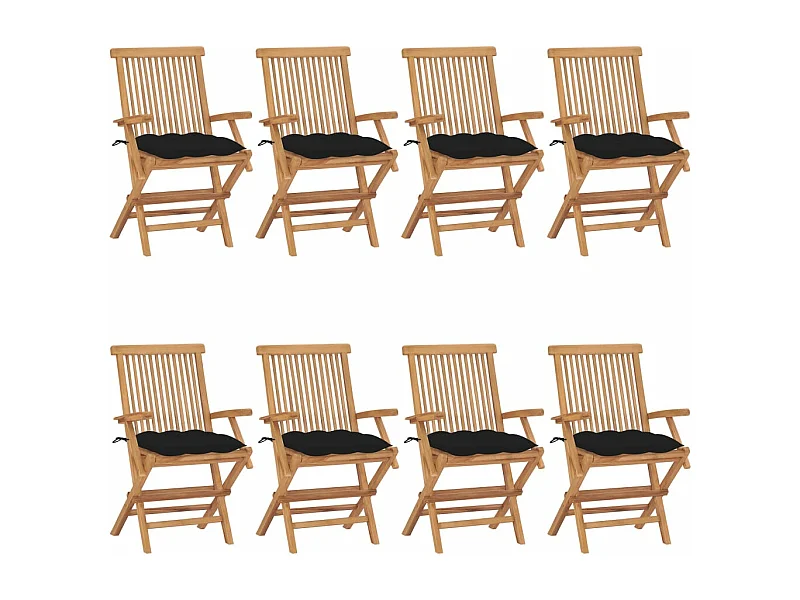 Set di 8 sedie da giardino con cuscini neri in legno massello di teak