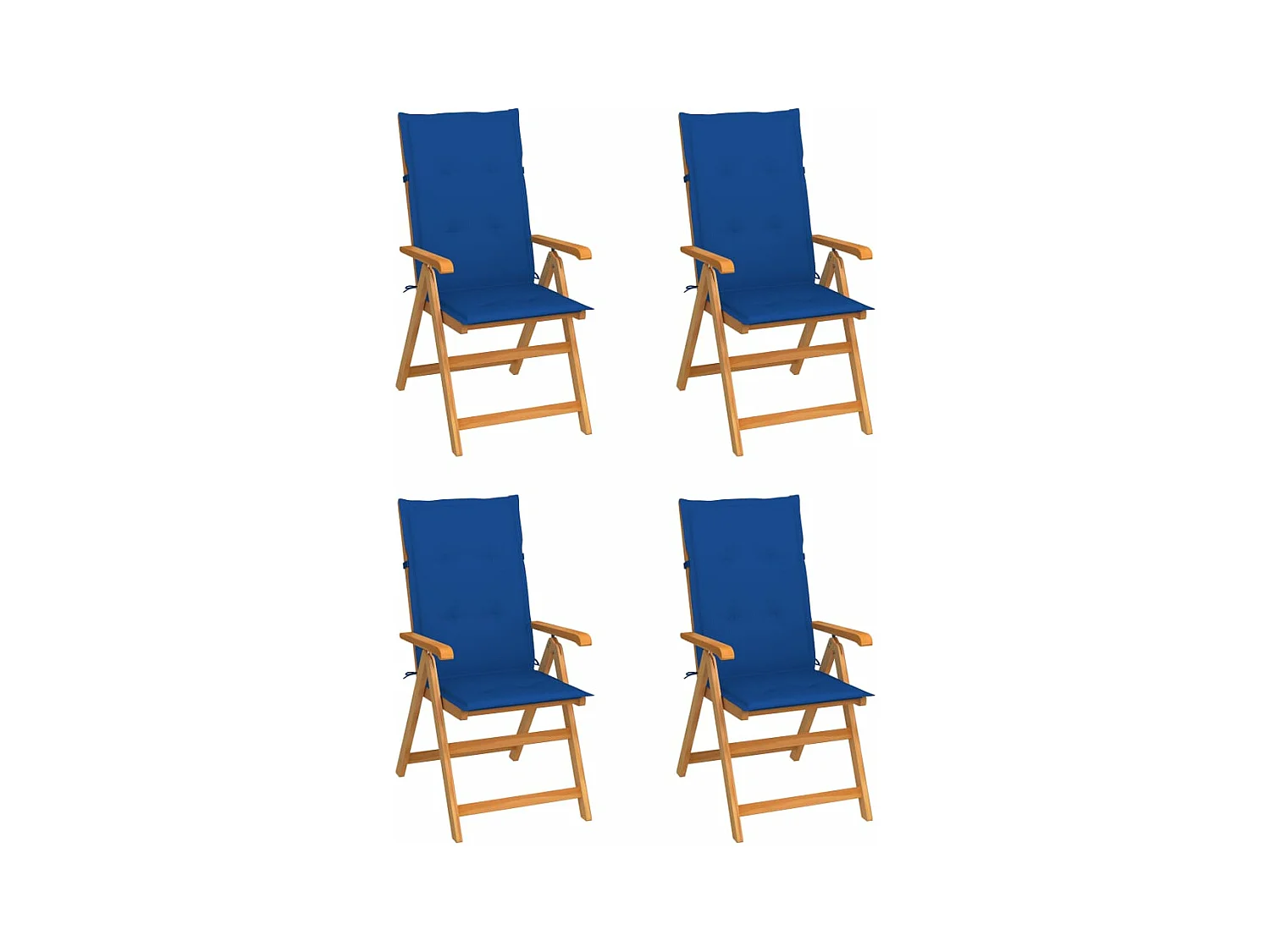 Set di 4 sedie da giardino con cuscini blu reale. Legno di teak