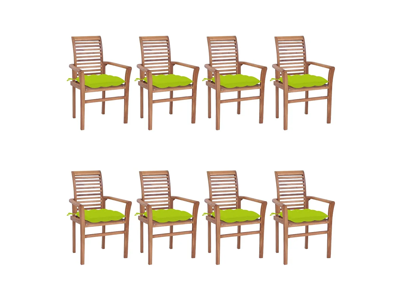 8-delige eetkamerstoelen met felgroene kussens, massief teakhout