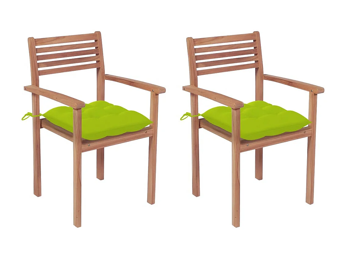 2 stuks tuinstoelen met felgroene kussens. Massief teakhout