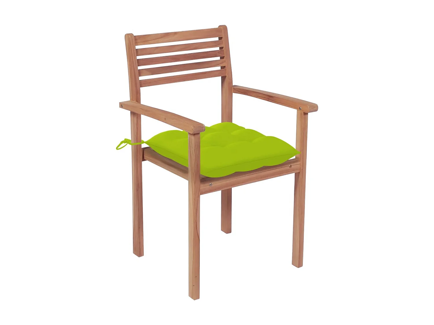 2 stuks tuinstoelen met felgroene kussens. Massief teakhout