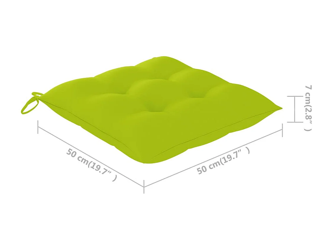 2 stuks tuinstoelen met felgroene kussens. Massief teakhout