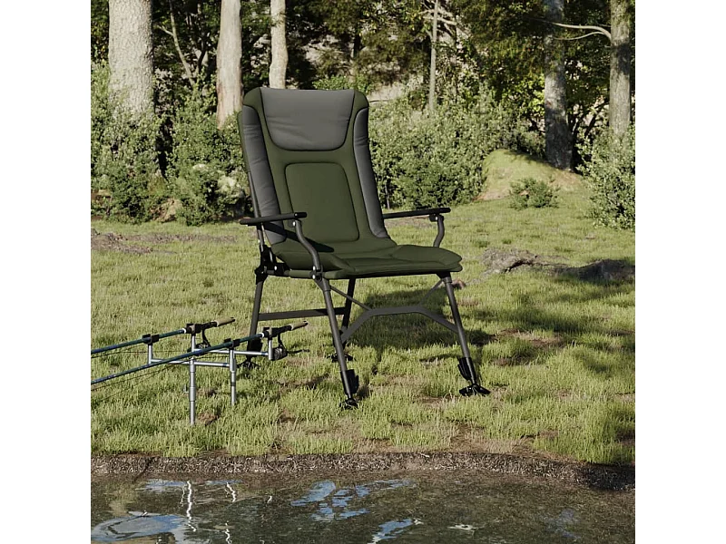 Silla de pesca con reposabrazos plegable verde.