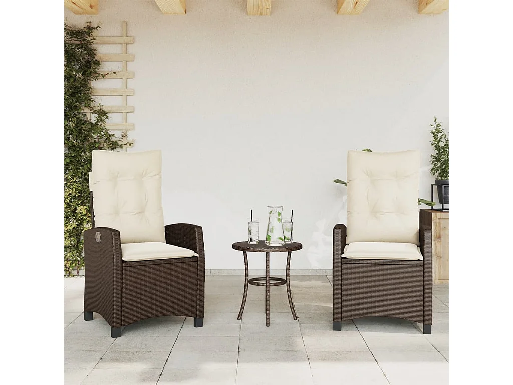 Chaises inclinables de jardin lot de 2 et coussins marron rotin