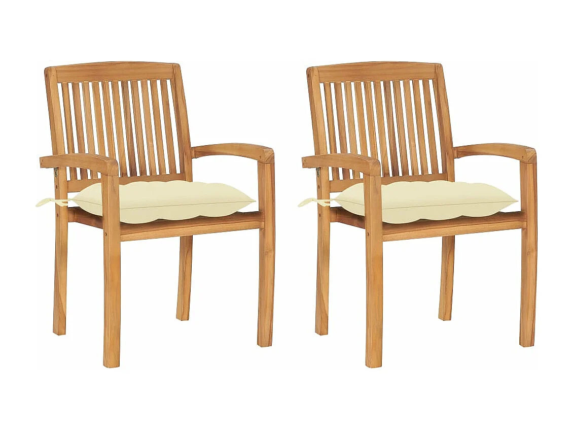 Chaises de jardin 2 pcs avec coussins blanc crème Bois de teck