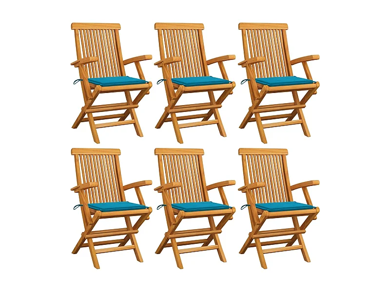 Chaises de jardin avec coussins bleu lot de 6 Bois teck massif