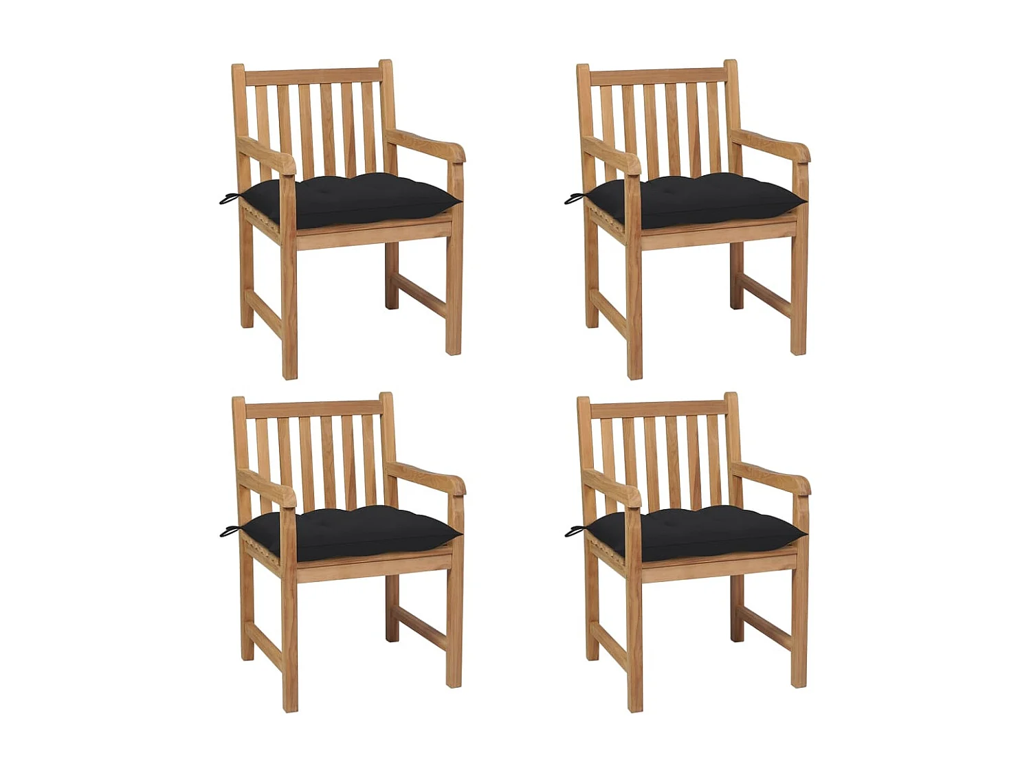 Gartenstühle 4 Stück mit schwarzen Kissen. Massives Teakholz