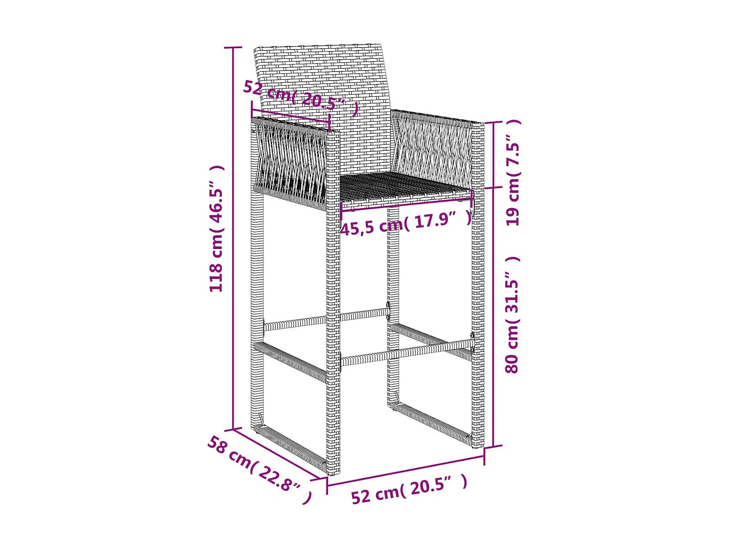 Set di 2 sgabelli da bar da giardino in resina intrecciata marrone