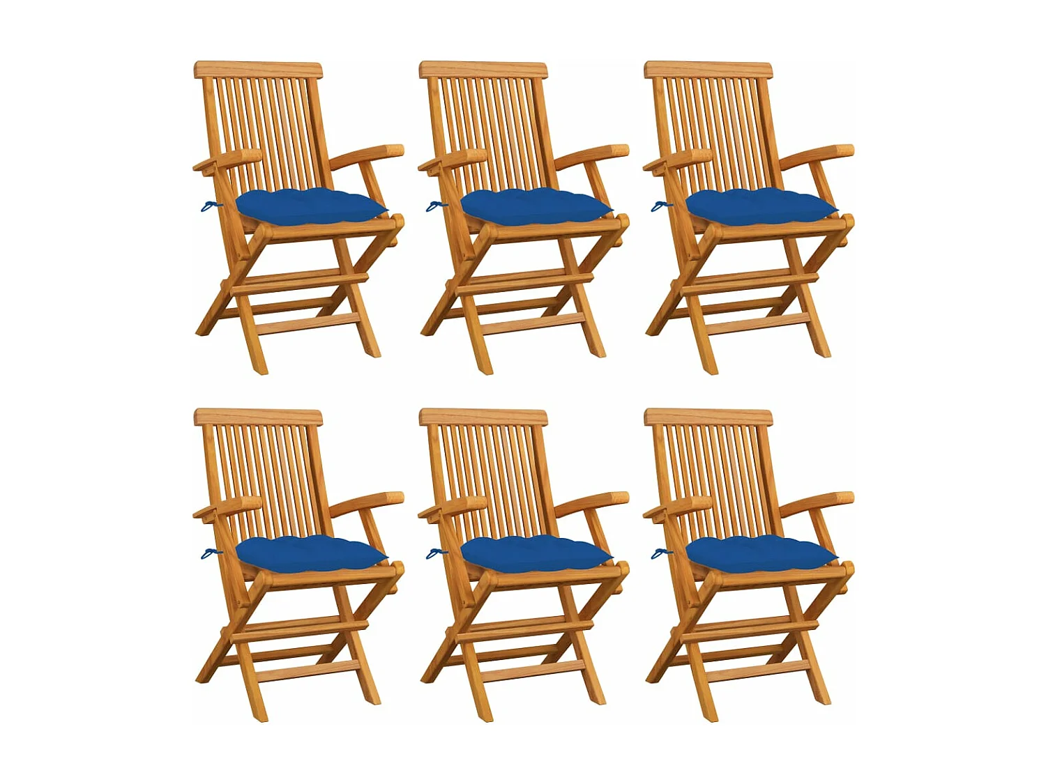 Gartenstühle mit blauen Kissen, 6er-Set aus massivem Teakholz