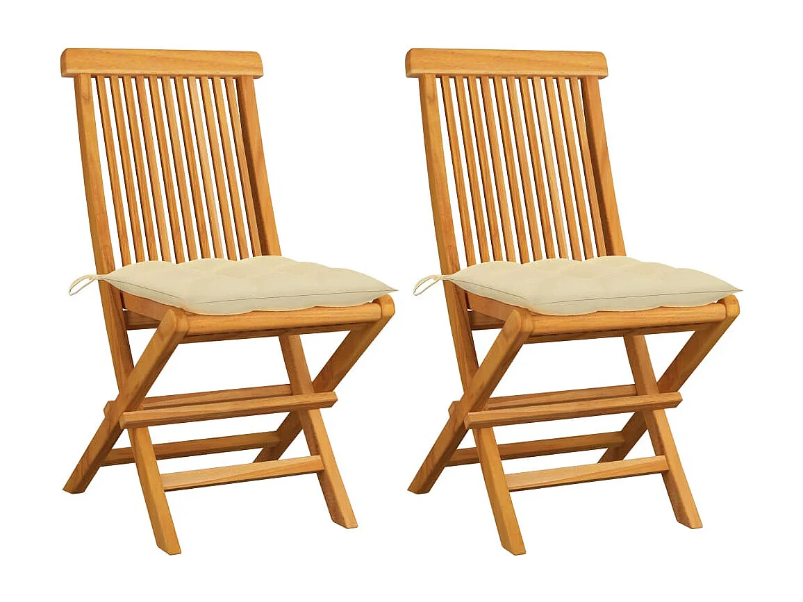 Chaises de jardin 2 pcs avec coussins blanc crème Teck massif