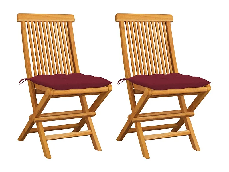 Chaises de jardin avec coussins rouge bordeaux 2pcs Teck massif