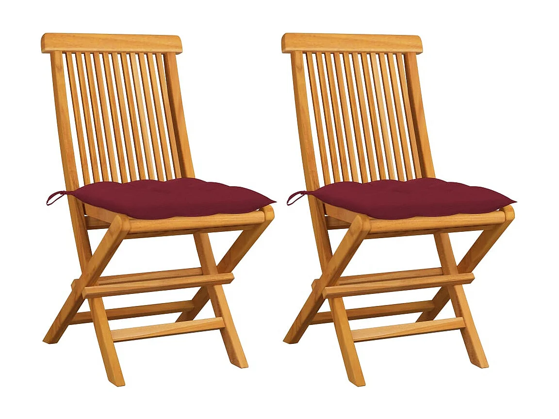 Chaises de jardin avec coussins rouge bordeaux 2pcs Teck massif