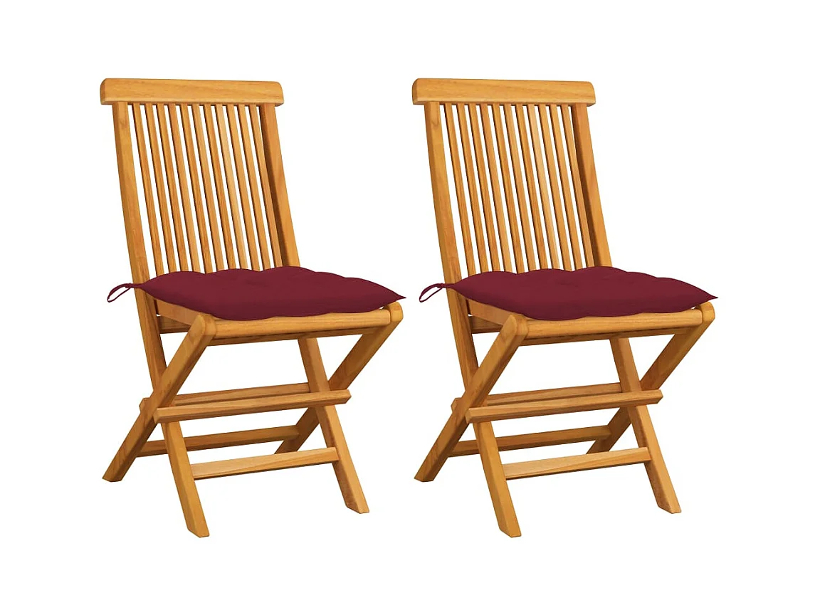 Chaises de jardin avec coussins rouge bordeaux 2pcs Teck massif