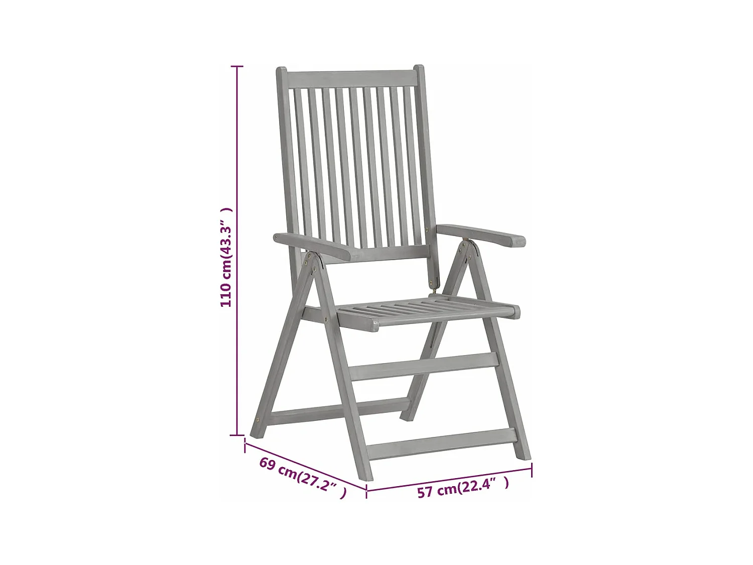 Set di 2 sedie da giardino reclinabili in legno massello di acacia grigio