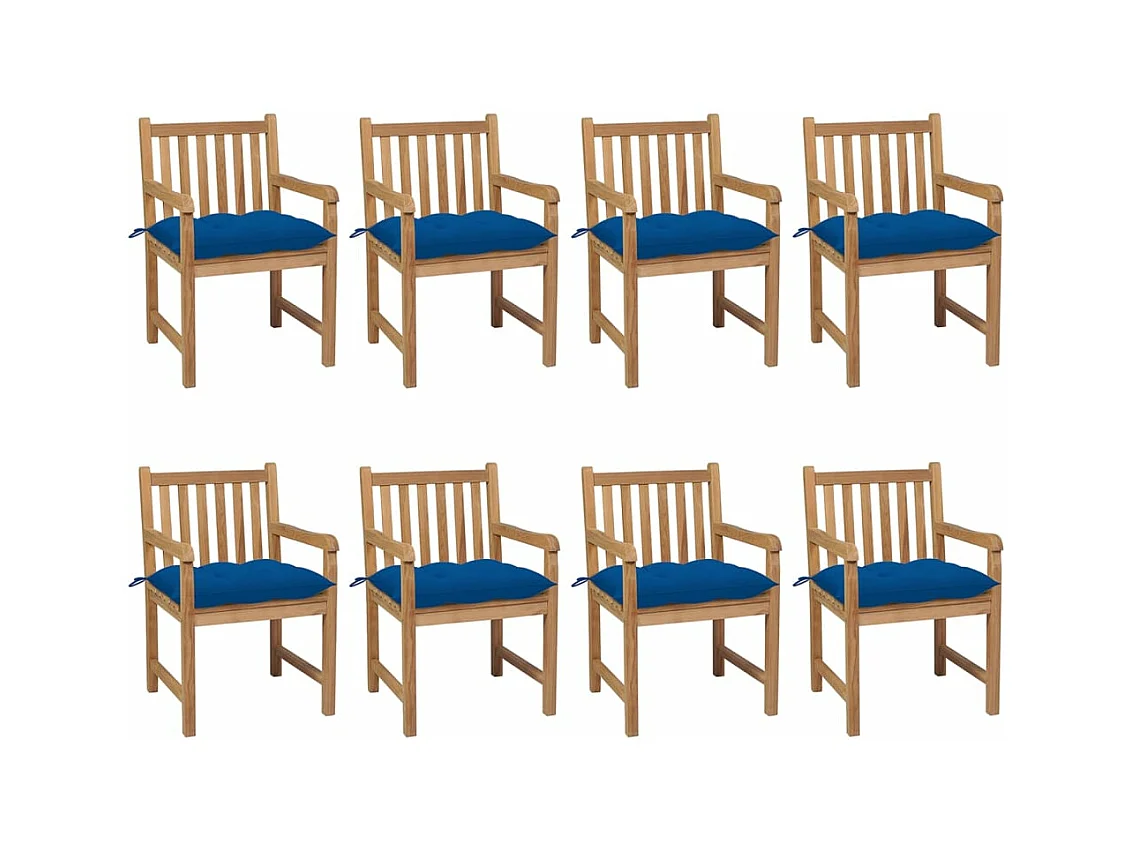 Tuinstoelen 8 stuks met blauwe kussens Massief teakhout