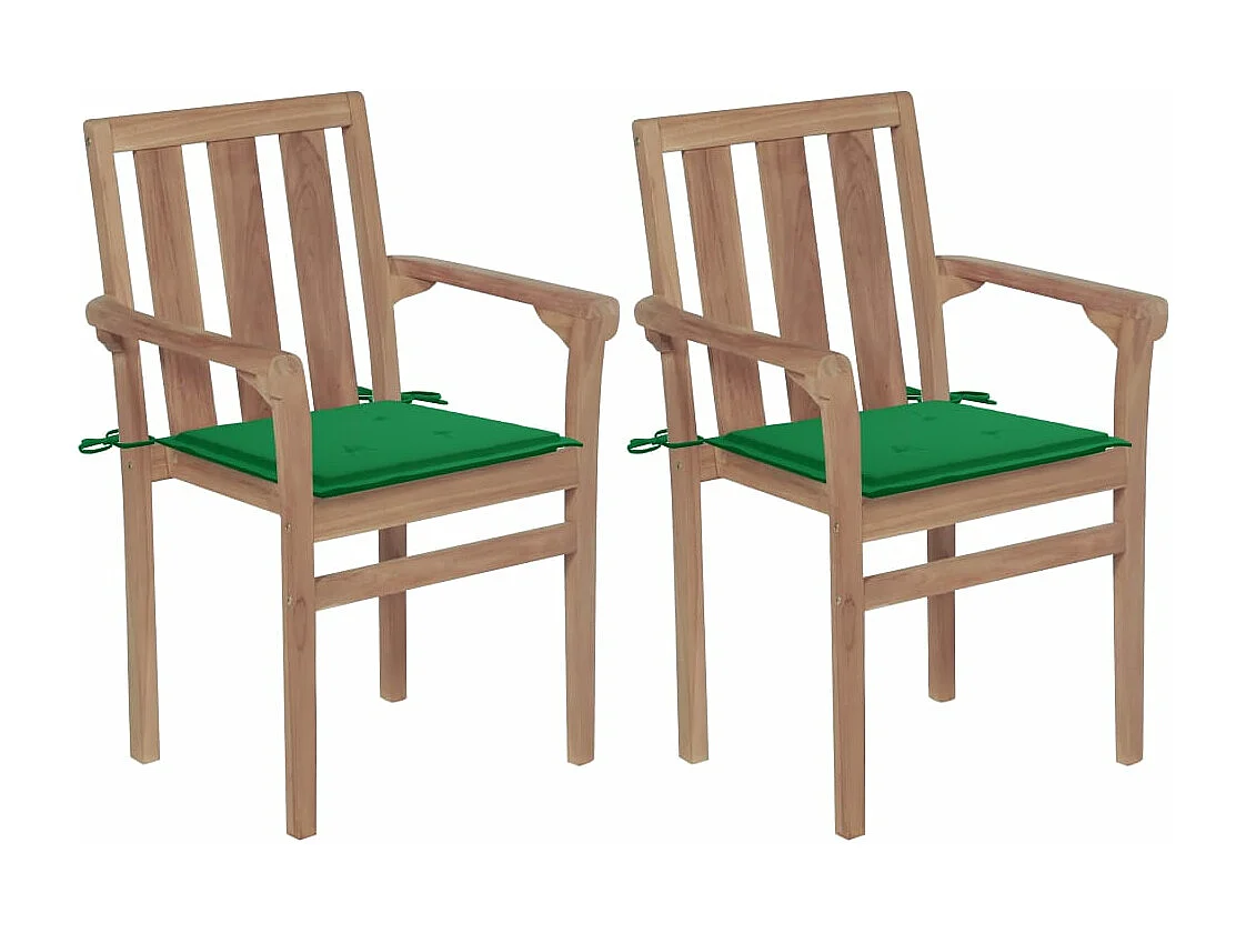 Chaises de jardin 2 pcs avec coussins vert Bois de teck massif
