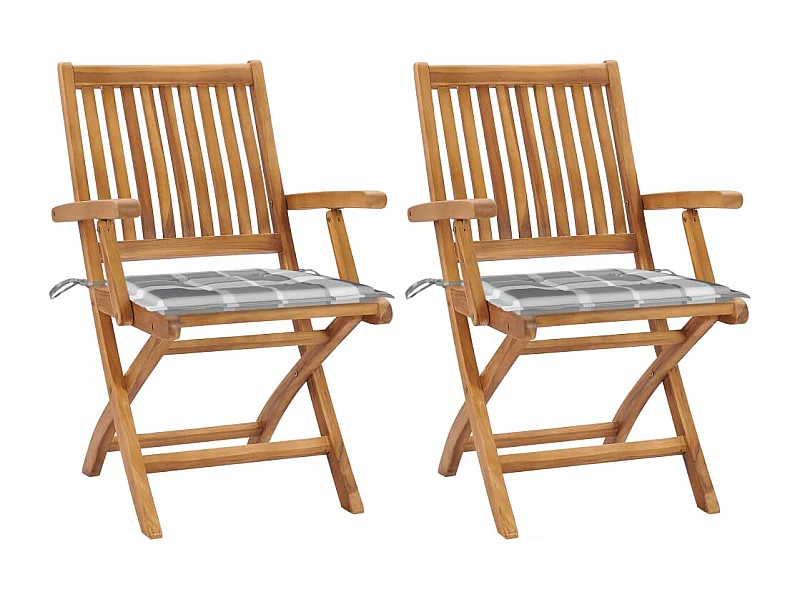 Sedie da giardino 2 pezzi con cuscini a quadretti grigi in teak