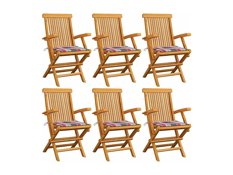 Chaises de jardin et coussins à carreaux rouge 6pcs Teck massif