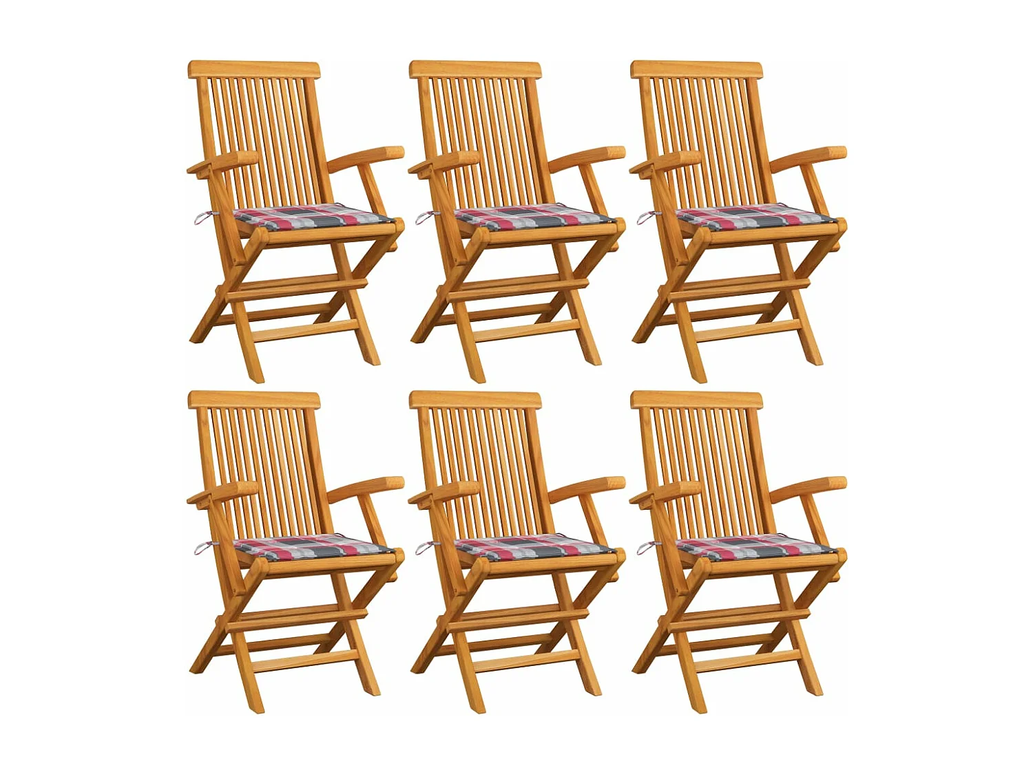 Chaises de jardin et coussins à carreaux rouge 6pcs Teck massif