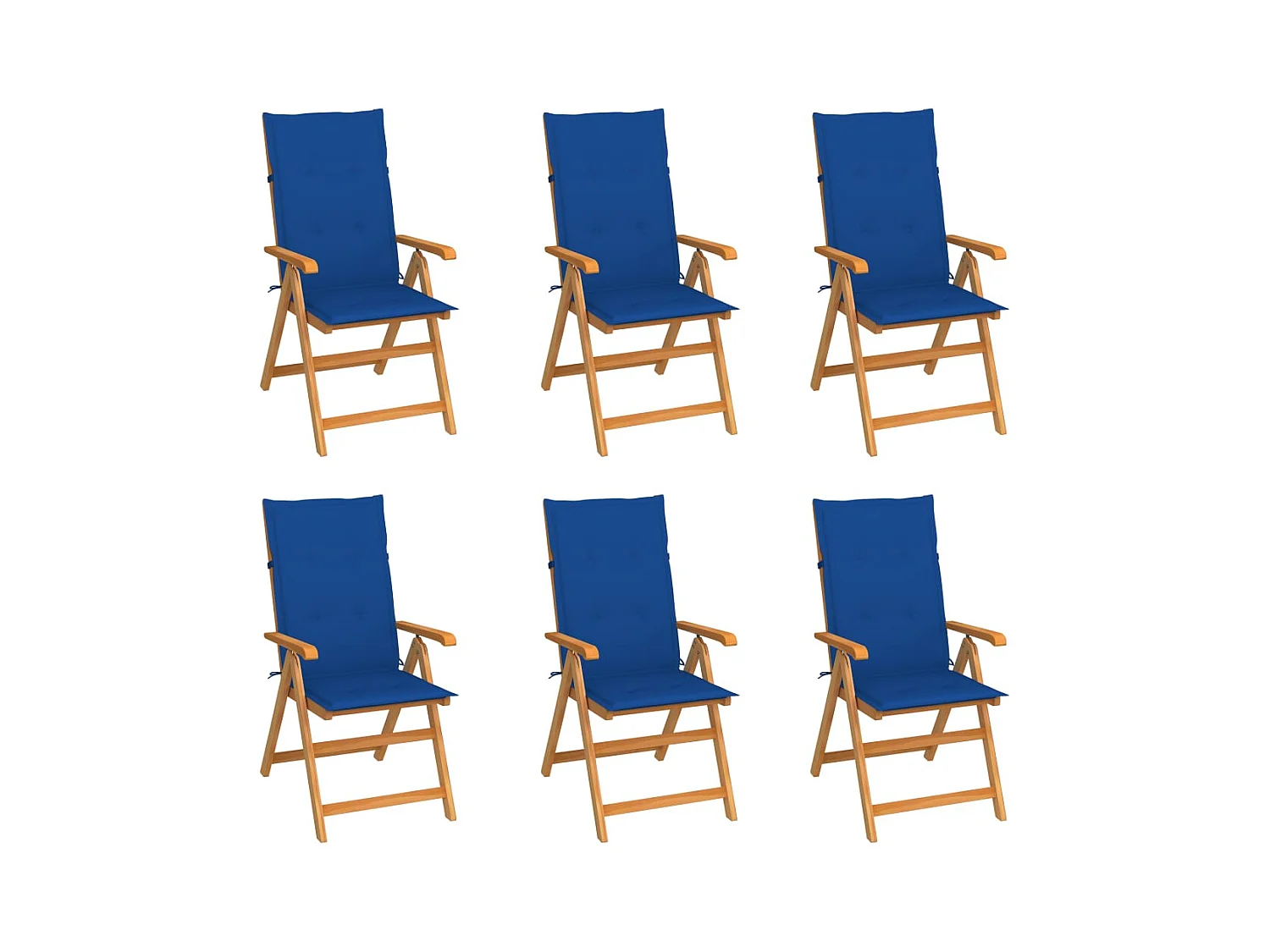 Set di 6 sedie da giardino con cuscini blu reale. Legno di teak