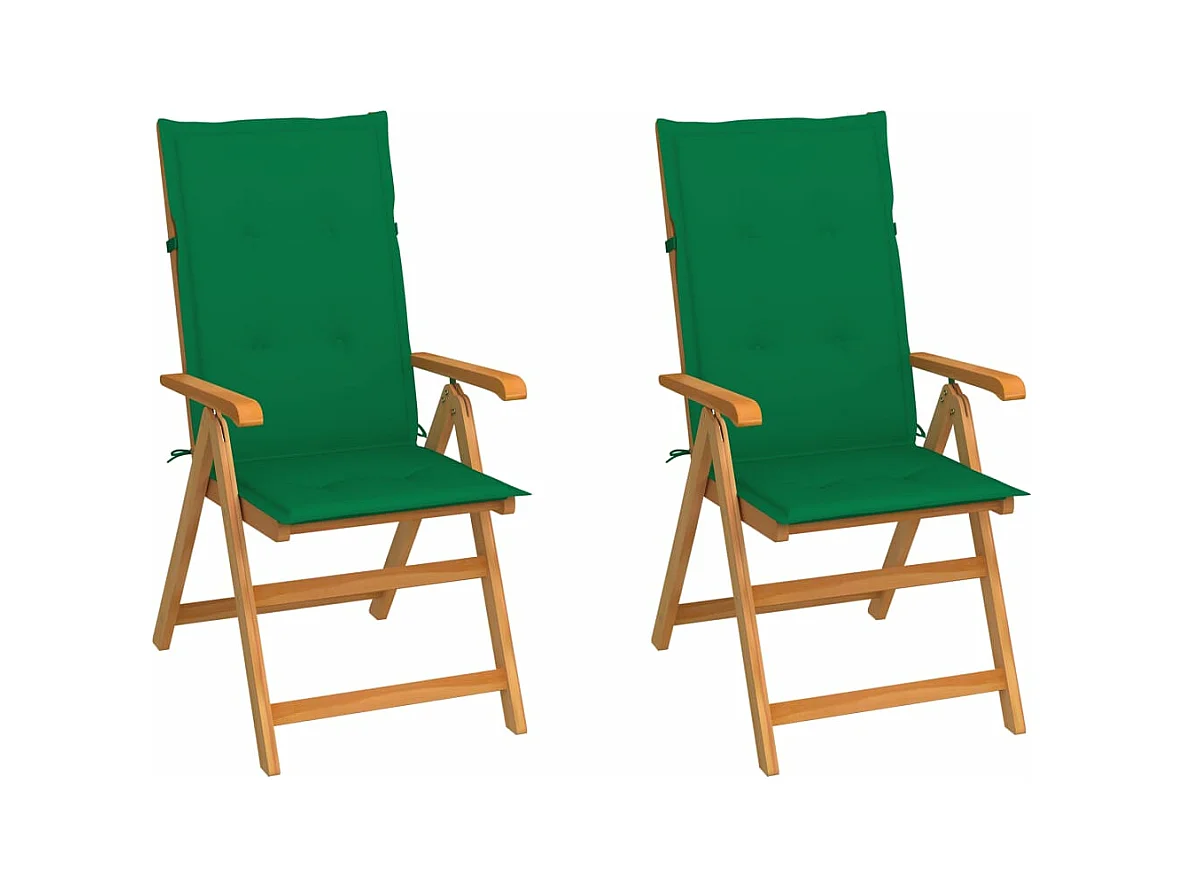 Set di 2 sedie da giardino e cuscini verdi. Legno massello di teak