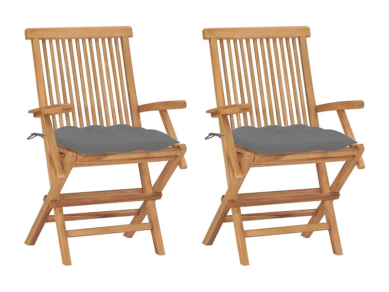 Set di 2 sedie da giardino con cuscini grigi. Legno massello di teak