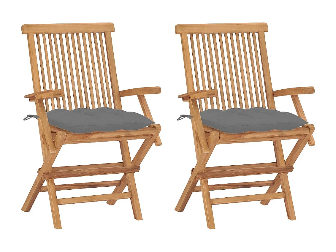 Gartenstühle mit grauen Kissen, 2er-Set, massives Teakholz