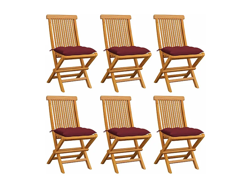 Chaises de jardin avec coussins rouge bordeaux 6pcs Teck massif