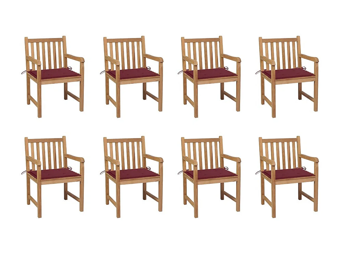 Chaises de jardin 8 pcs avec coussins bordeaux Bois de teck