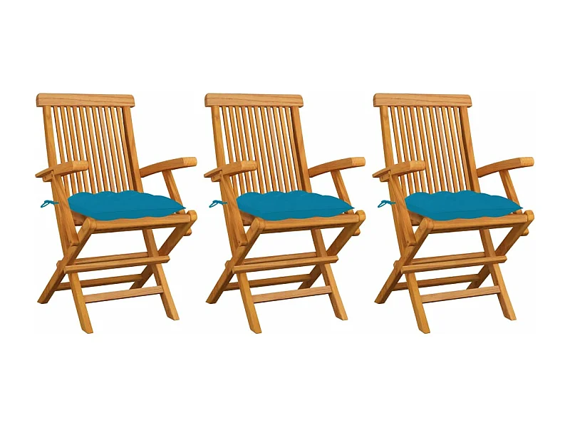 Chaises de jardin avec coussins bleu clair 3 pcs Teck massif