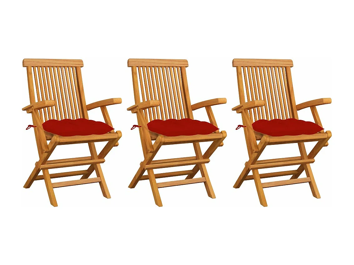 Chaises de jardin avec coussins rouge 3 pcs Bois de teck massif