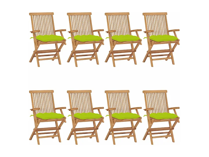 Set di 8 sedie da giardino con cuscini verde brillante in teak massiccio
