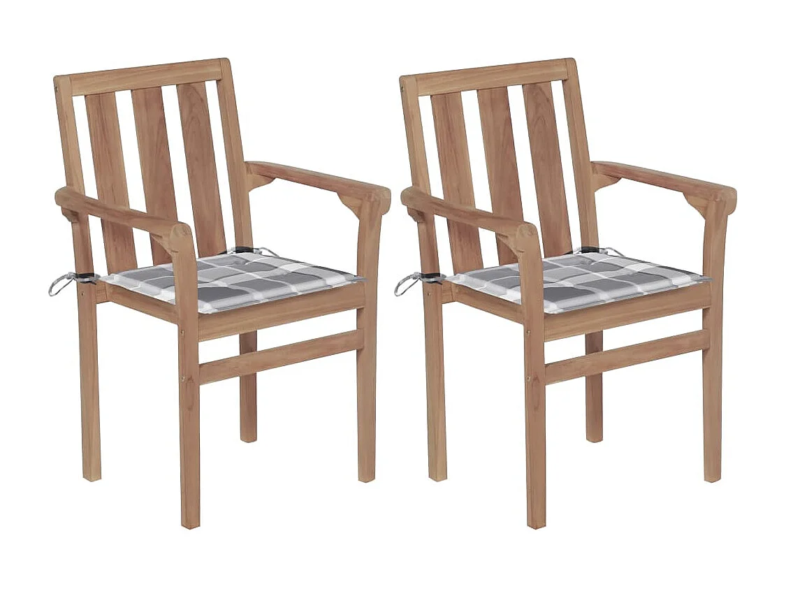 Chaises de jardin 2 pcs avec coussins à carreaux gris Teck