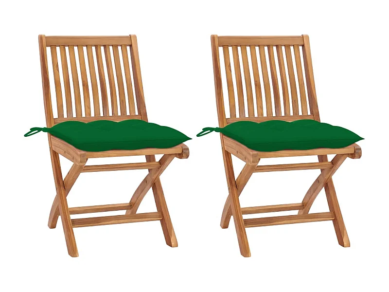 Chaises de jardin 2 pcs avec coussins vert Bois de teck massif