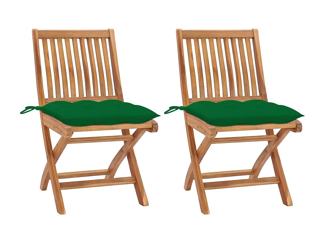 Chaises de jardin 2 pcs avec coussins vert Bois de teck massif